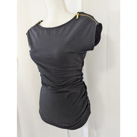 MICHAEL KORS! BLACK STRETCH JERSEY SHIRRED SIDES, ZIPPER DETAIL TOP, SHIRT! SZ S - Picture 3 of 10